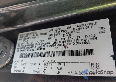 2020 Ford Escape Se z USA, uszkodzony, nr VIN 1FMCU0G65LUA94915